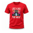 Red premium cotton funny Father’s Day shirt with raccoon holding milk and sunset background