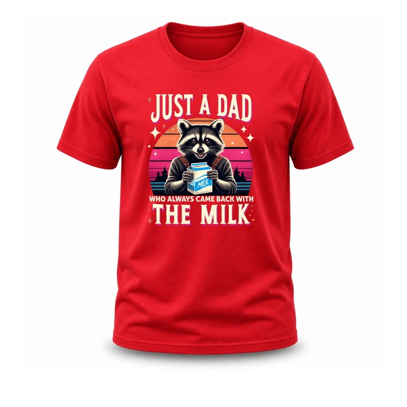 Red premium cotton funny Father’s Day shirt with raccoon holding milk and sunset background