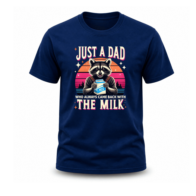 Navy blue funny mens graphic shirt with vintage raccoon artwork and humorous dad slogan