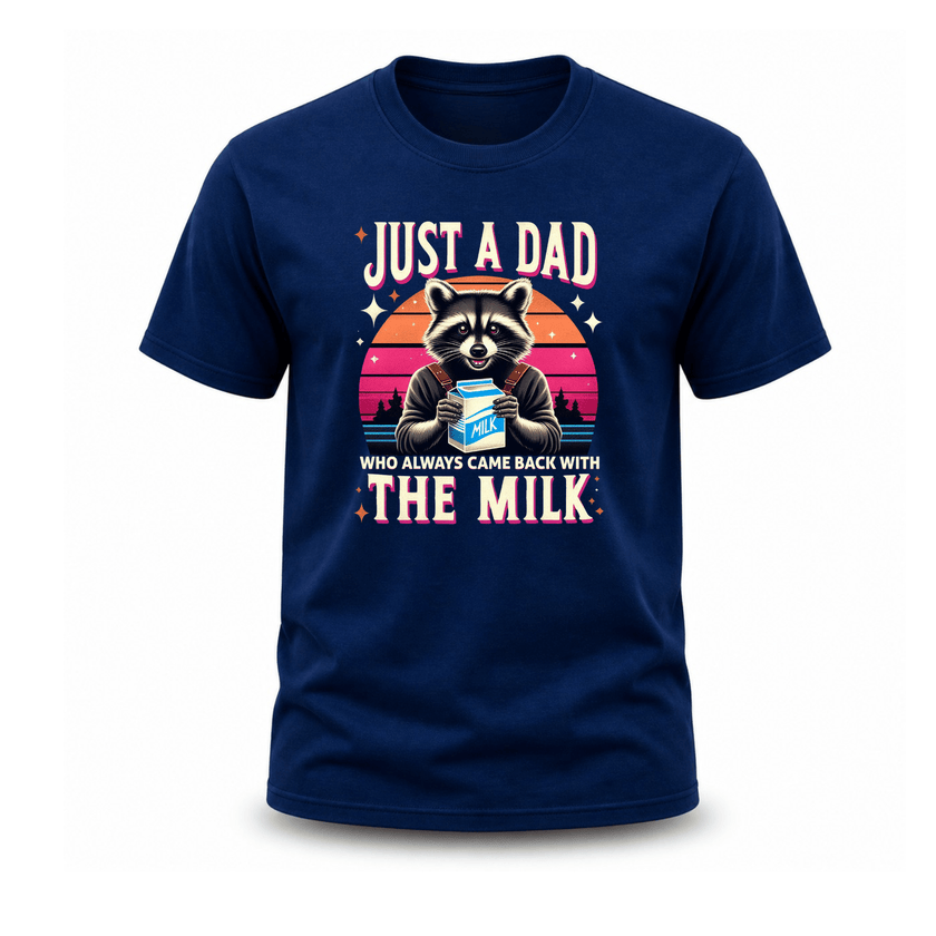 Navy blue funny mens graphic shirt with vintage raccoon artwork and humorous dad slogan