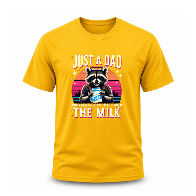 Yellow retro style raccoon dad graphic tee with humorous milk quote for fathers and husbands