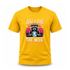 Yellow retro style raccoon dad graphic tee with humorous milk quote for fathers and husbands