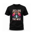 Black funny dad t-shirt featuring raccoon holding milk carton with retro sunset graphic design