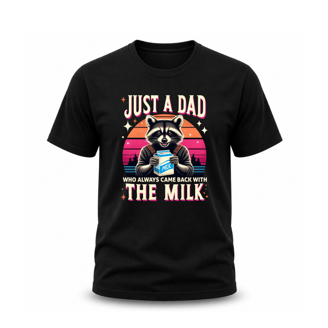 Black funny dad t-shirt featuring raccoon holding milk carton with retro sunset graphic design