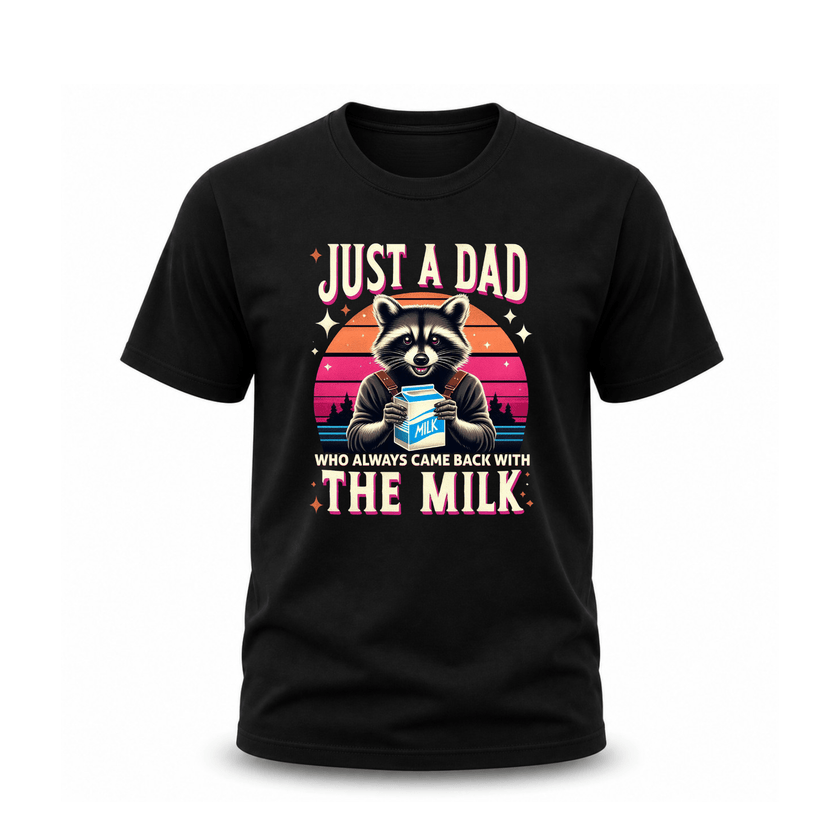 Black funny dad t-shirt featuring raccoon holding milk carton with retro sunset graphic design