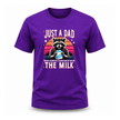Purple novelty dad t-shirt featuring retro raccoon illustration and milk joke typography