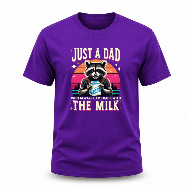 Purple novelty dad t-shirt featuring retro raccoon illustration and milk joke typography