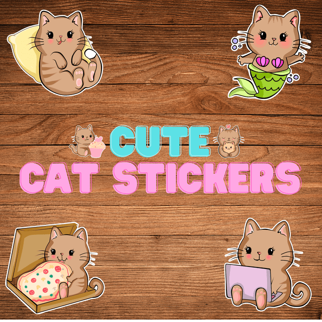 Cute cat stickers on a wooden background with 'Cute Cat Stickers' text.