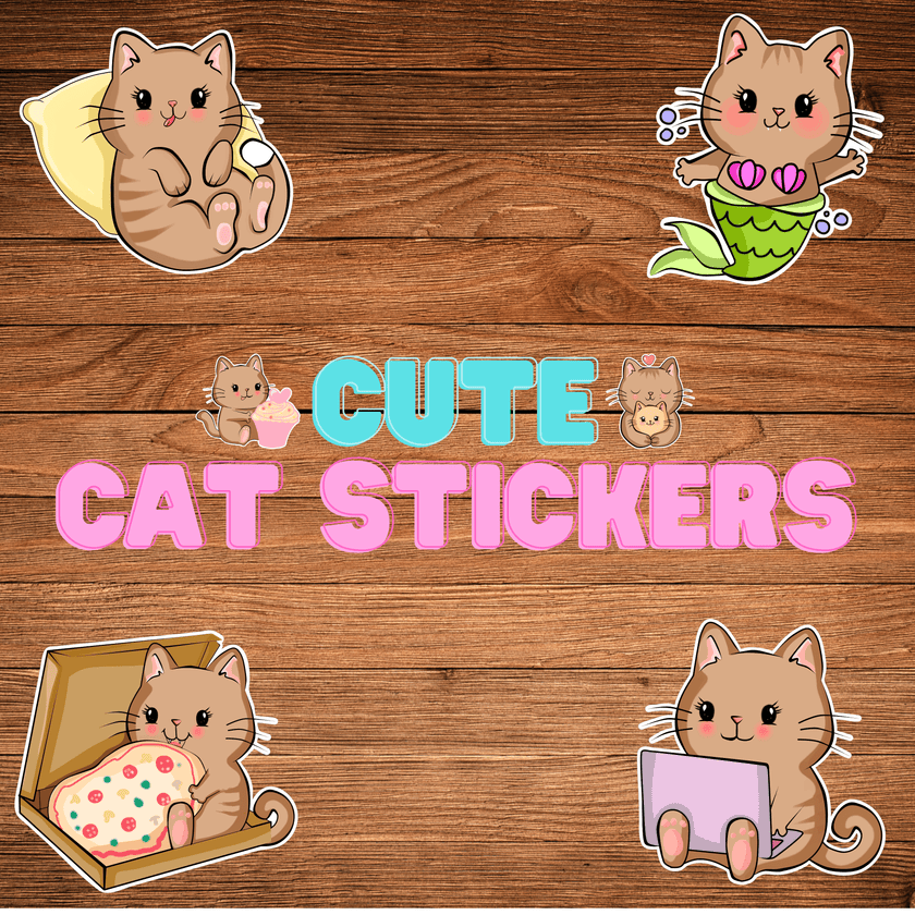 Cute cat stickers on a wooden background with 'Cute Cat Stickers' text.