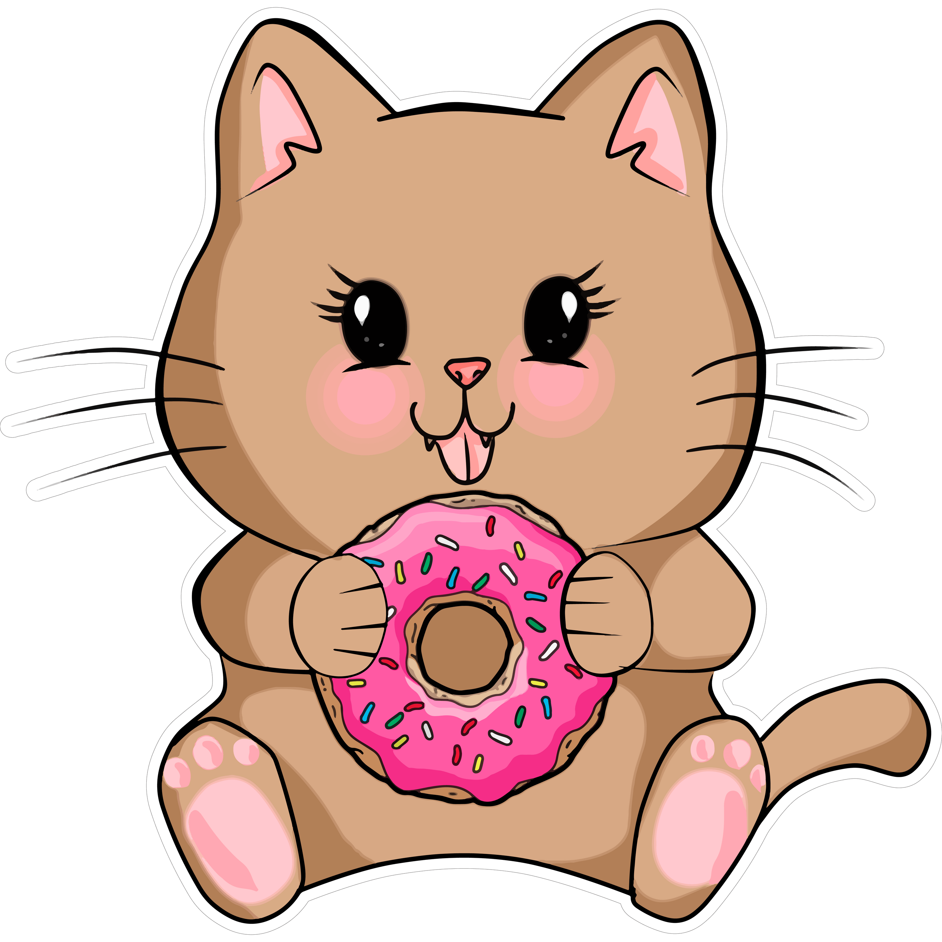Cartoon cat holding a pink donut with sprinkles on a white background