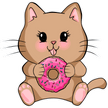 Cartoon cat holding a pink donut with sprinkles on a white background
