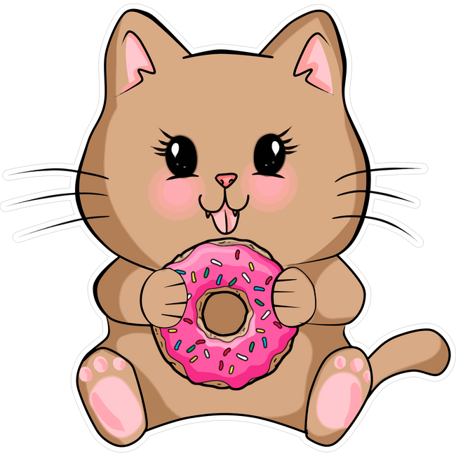 Cartoon cat holding a pink donut with sprinkles on a white background