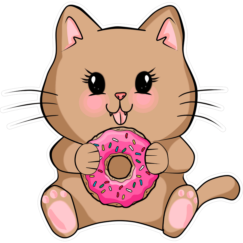Cartoon cat holding a pink donut with sprinkles on a white background
