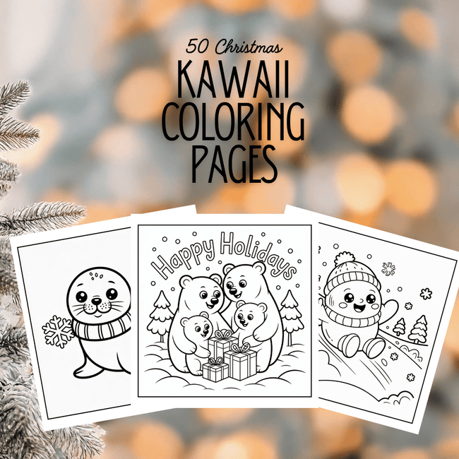 Three coloring pages, on a festive background, seal, snowman and bears.