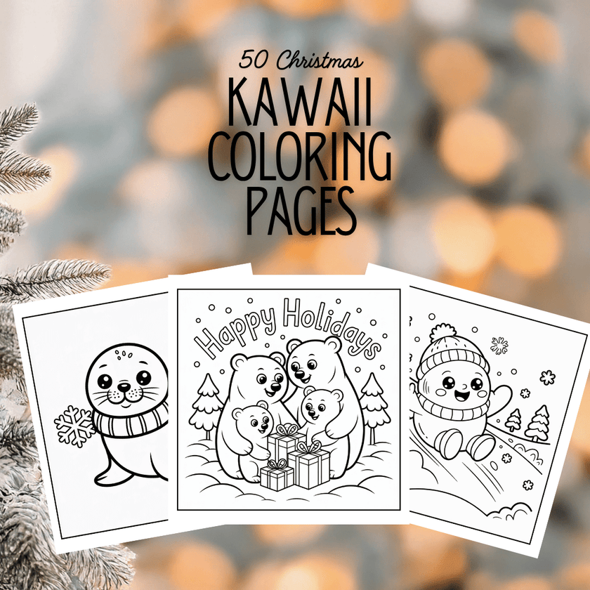 Three coloring pages, on a festive background, seal, snowman and bears.