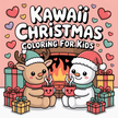 Kawaii coloring pages cover, snowman and reindeer near fire place drinking hot cocoa.
