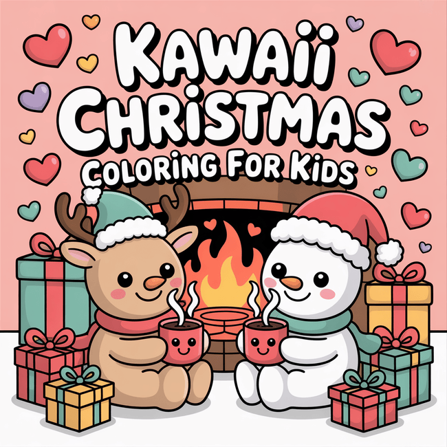 Kawaii coloring pages cover, snowman and reindeer near fire place drinking hot cocoa.