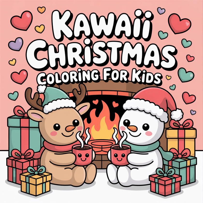 Kawaii coloring pages cover, snowman and reindeer near fire place drinking hot cocoa.