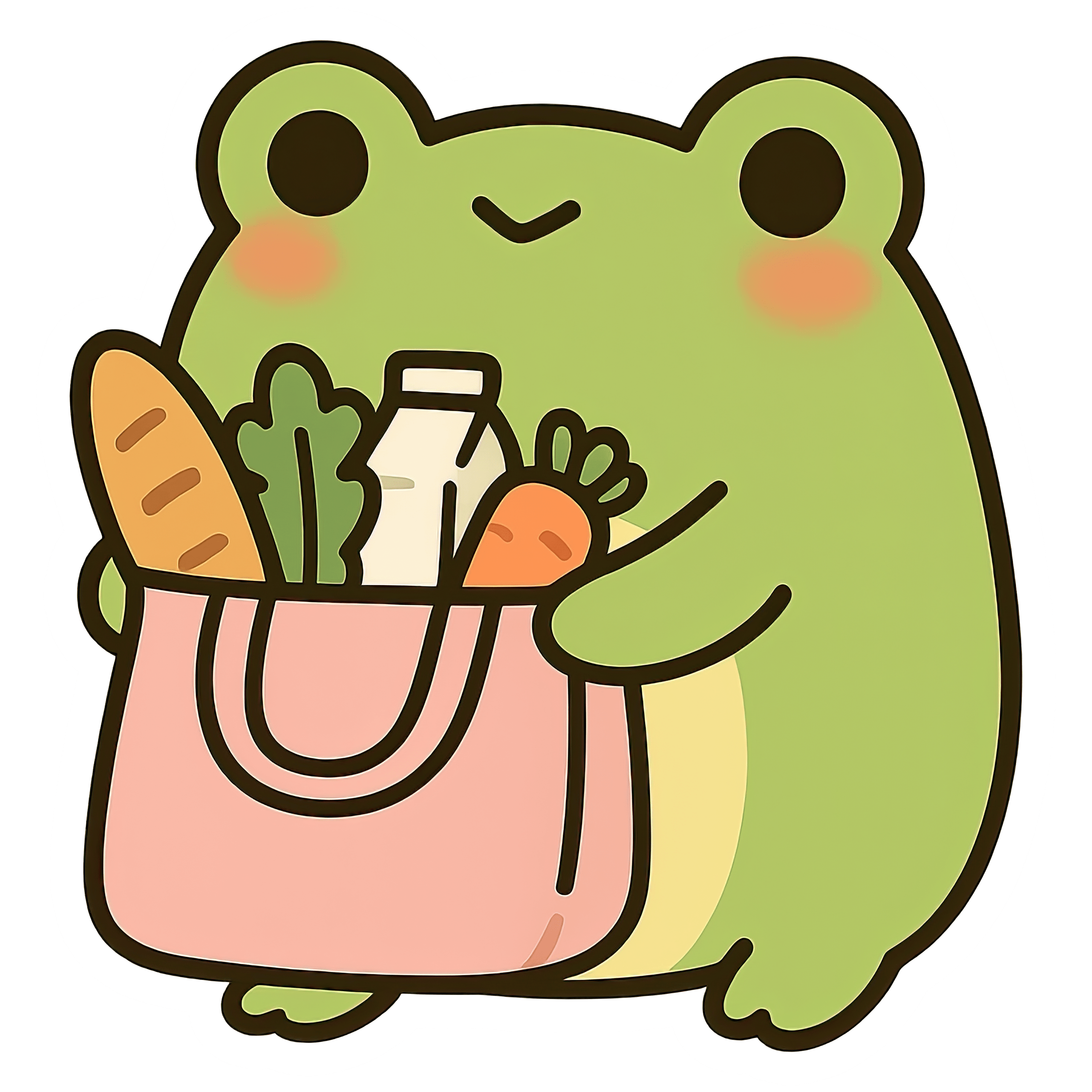 Set of 32 adorable cartoon frog stickers in playful designs like frogs with coffee, pizza, in a teacup.