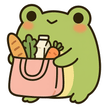 Set of 32 adorable cartoon frog stickers in playful designs like frogs with coffee, pizza, in a teacup.