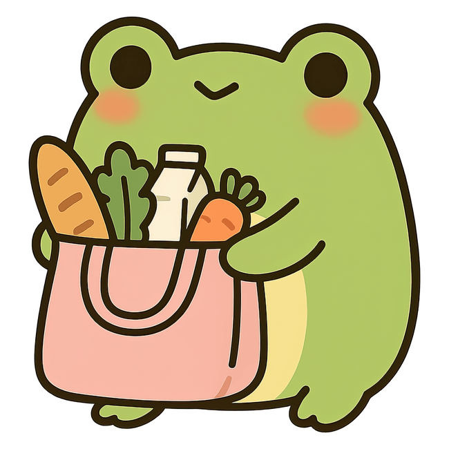 Set of 32 adorable cartoon frog stickers in playful designs like frogs with coffee, pizza, in a teacup.