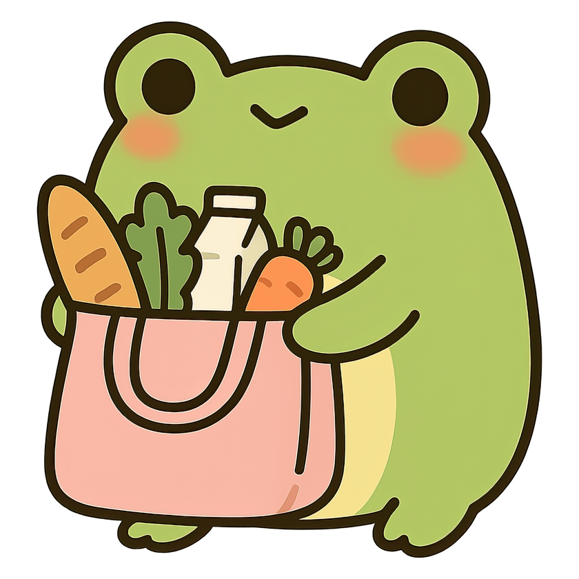 Set of 32 adorable cartoon frog stickers in playful designs like frogs with coffee, pizza, in a teacup.