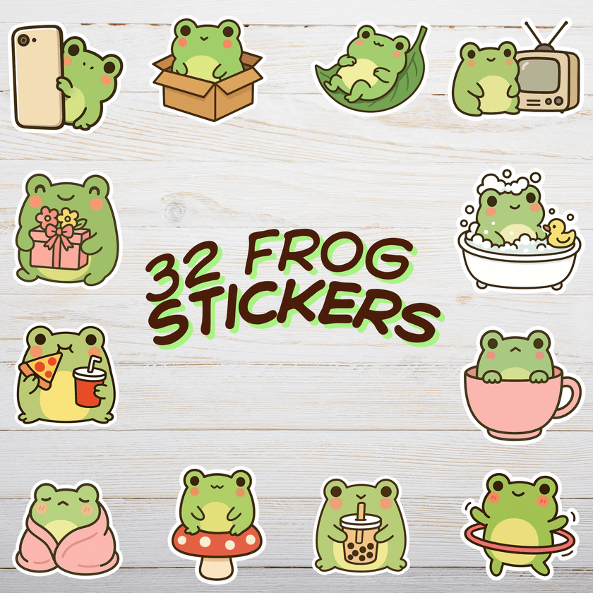 A collection of 32 cute frog stickers featuring kawaii-style frogs in different poses.