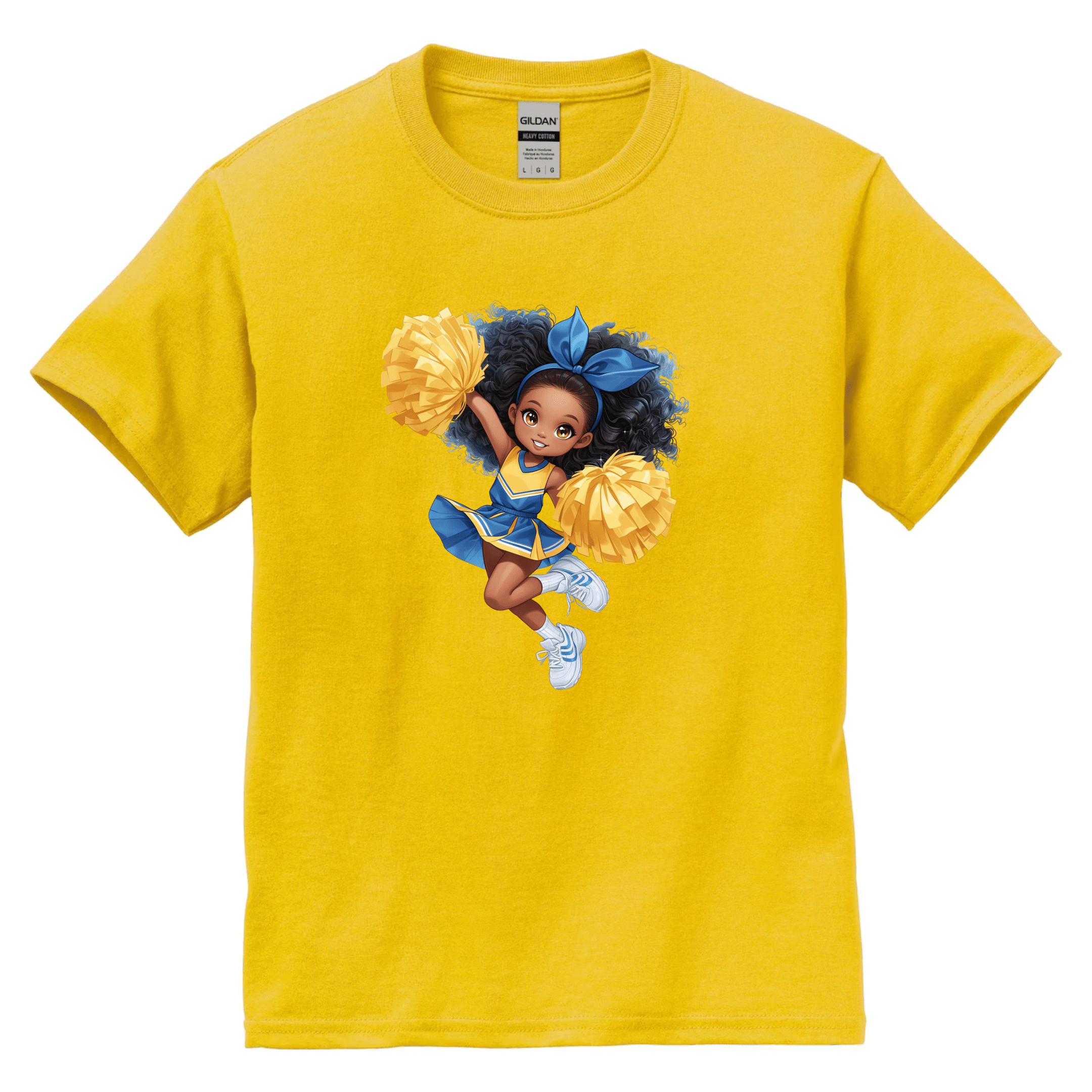 Yellow children’s t-shirt featuring cheerful cartoon cheerleader with pom poms.