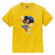 Yellow children’s t-shirt featuring cheerful cartoon cheerleader with pom poms.