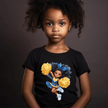 Youth cheer graphic t-shirt product display highlighting colorful cartoon cheerleader artwork.