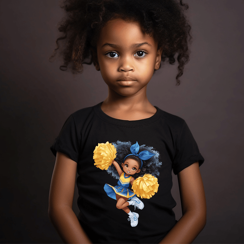 Youth cheer graphic t-shirt product display highlighting colorful cartoon cheerleader artwork.
