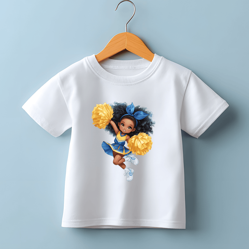 Kids white cheerleader t-shirt hanging on wooden hanger with bright graphic print.