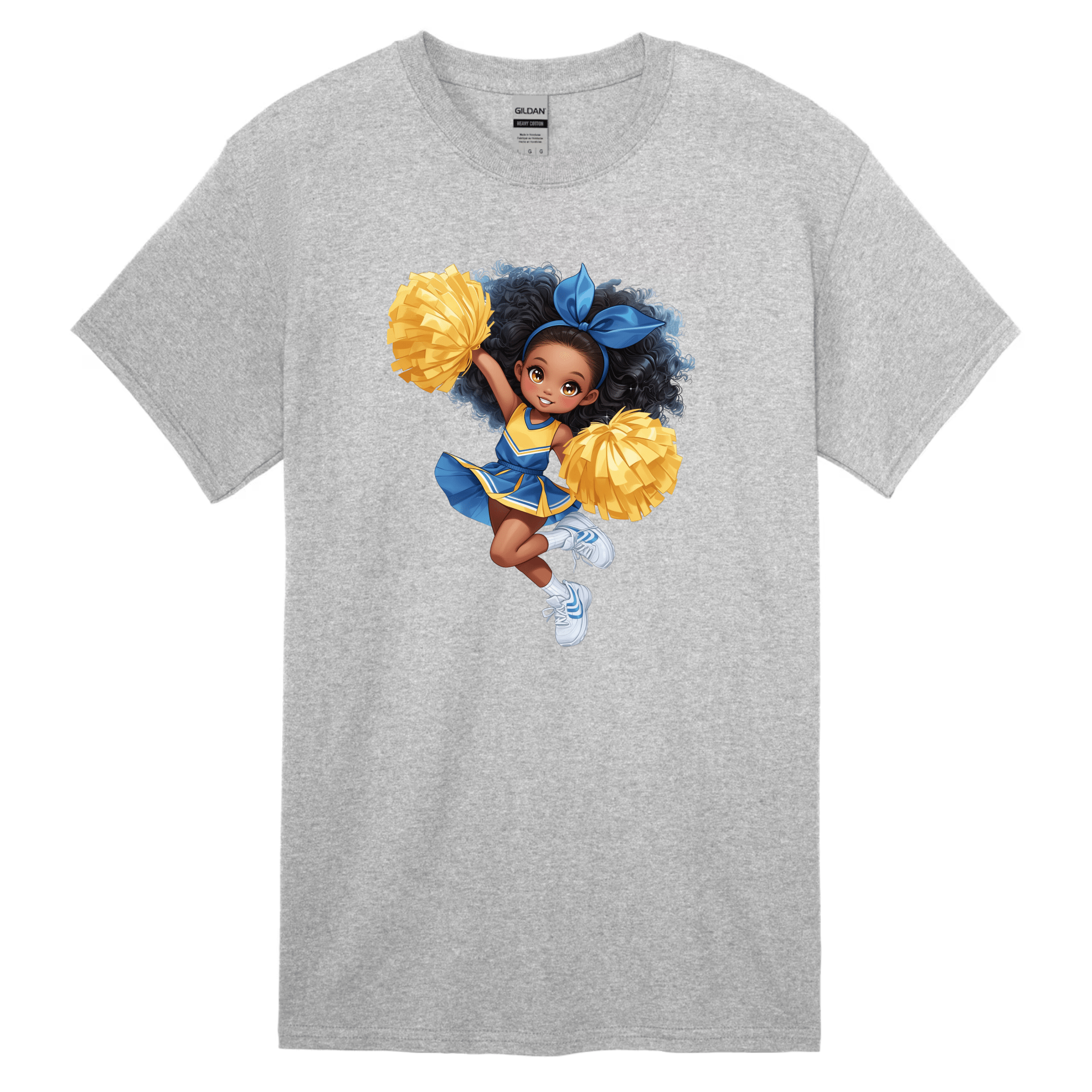Grey youth t-shirt featuring animated cheer girl design with blue uniform and pom poms.