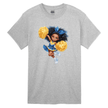 Grey youth t-shirt featuring animated cheer girl design with blue uniform and pom poms.