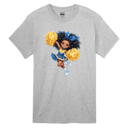 Grey youth t-shirt featuring animated cheer girl design with blue uniform and pom poms.