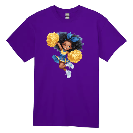 Purple kids cheerleader t-shirt with colorful cartoon graphic centered on front.