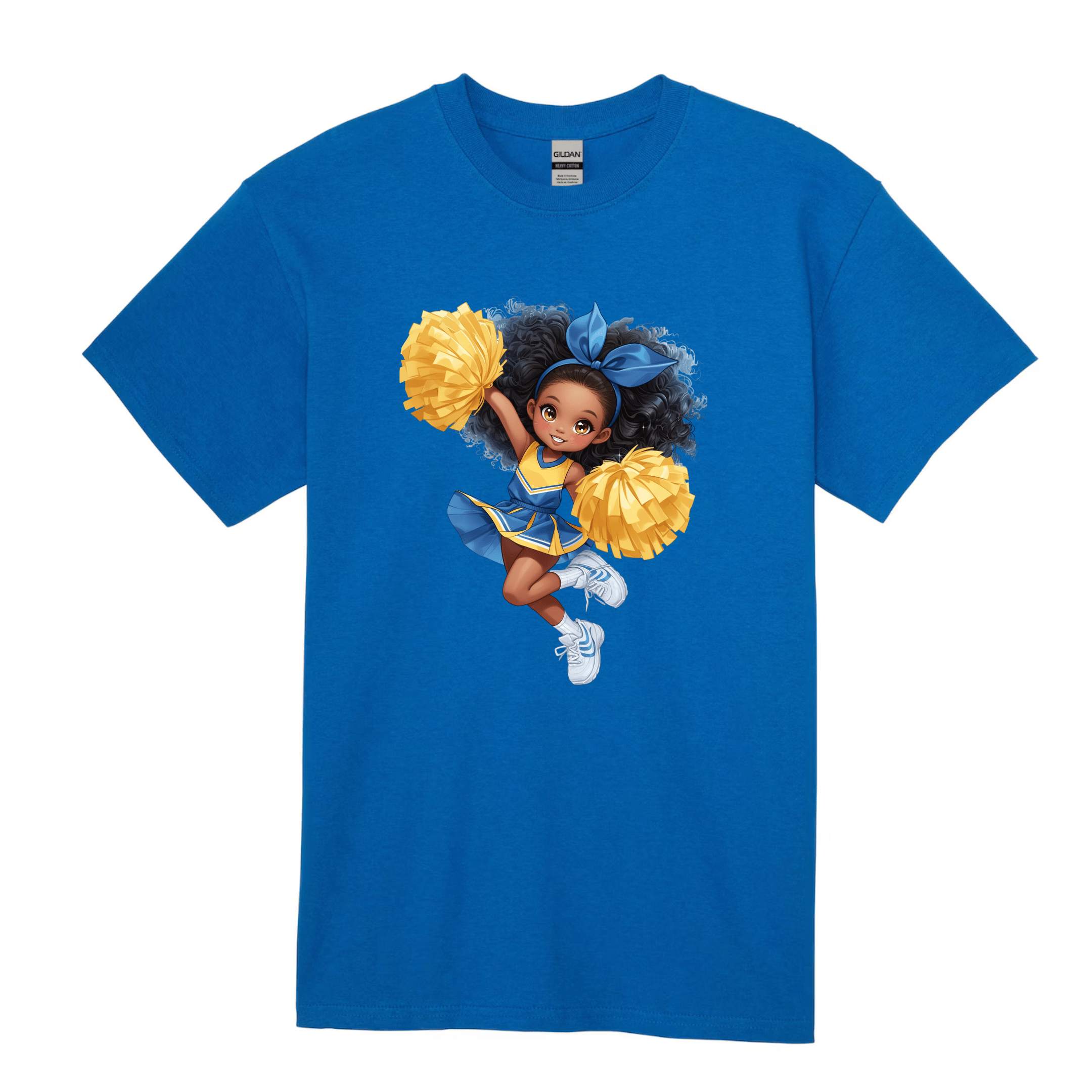Royal blue kids cheer graphic tee with cartoon cheerleader print and energetic pose.