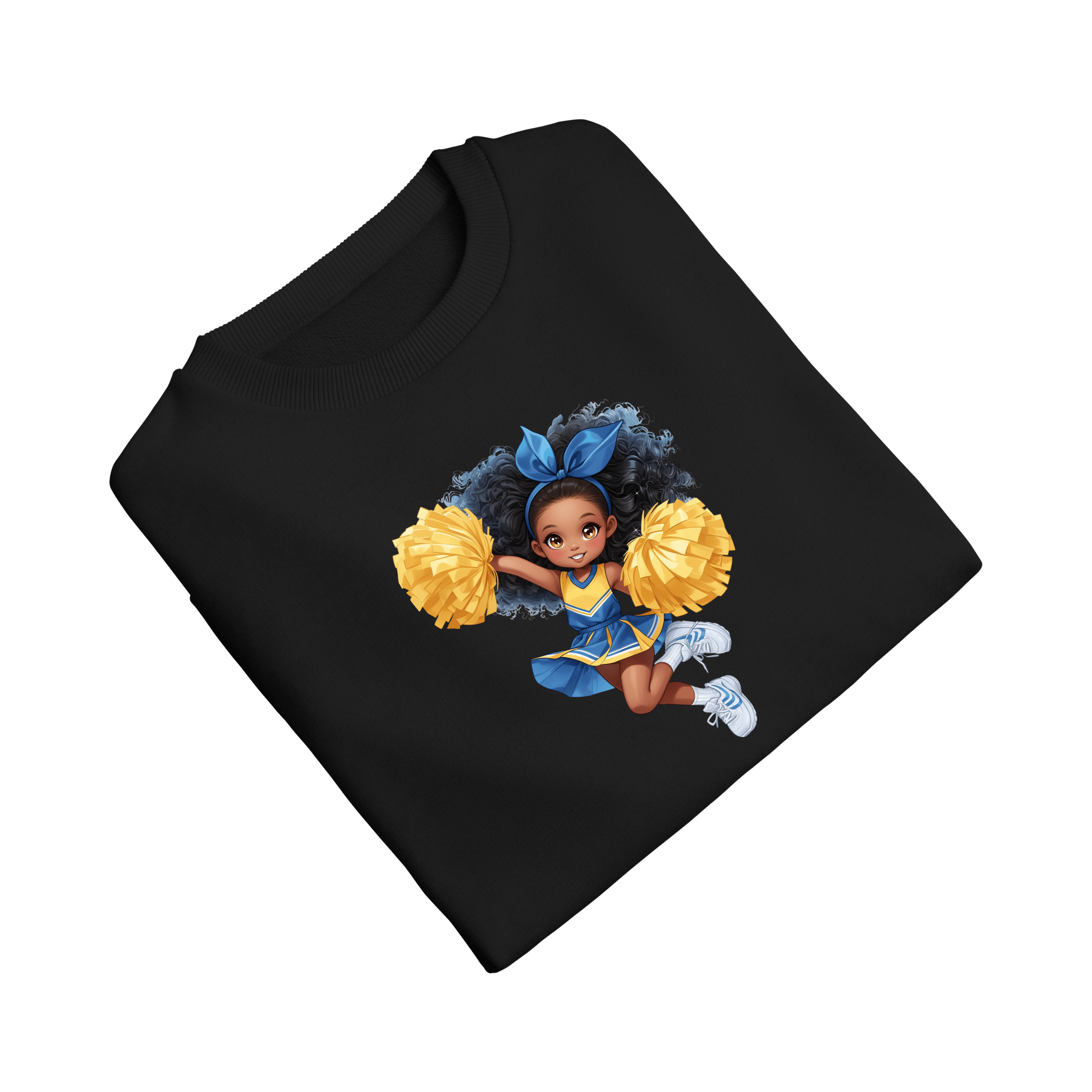 Folded black kids graphic tee with bright cheerleader illustration and soft fabric texture.