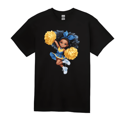 Child wearing black cheerleader graphic t-shirt outdoors showing playful youth fashion style.
