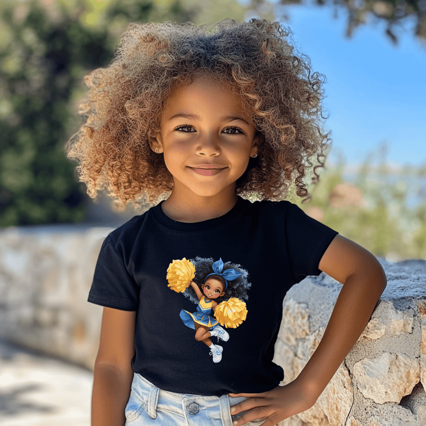 Black kids t-shirt featuring cute cheerleader graphic with yellow pom poms and blue outfit.