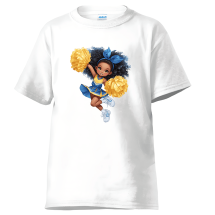 White youth t-shirt with colorful cheerleader illustration printed on front