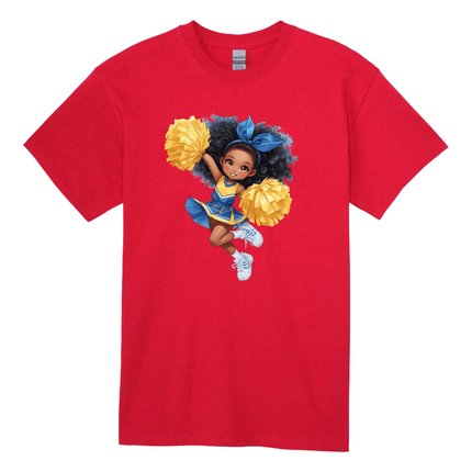 Red youth graphic t-shirt featuring playful cheerleader character and yellow pom poms.