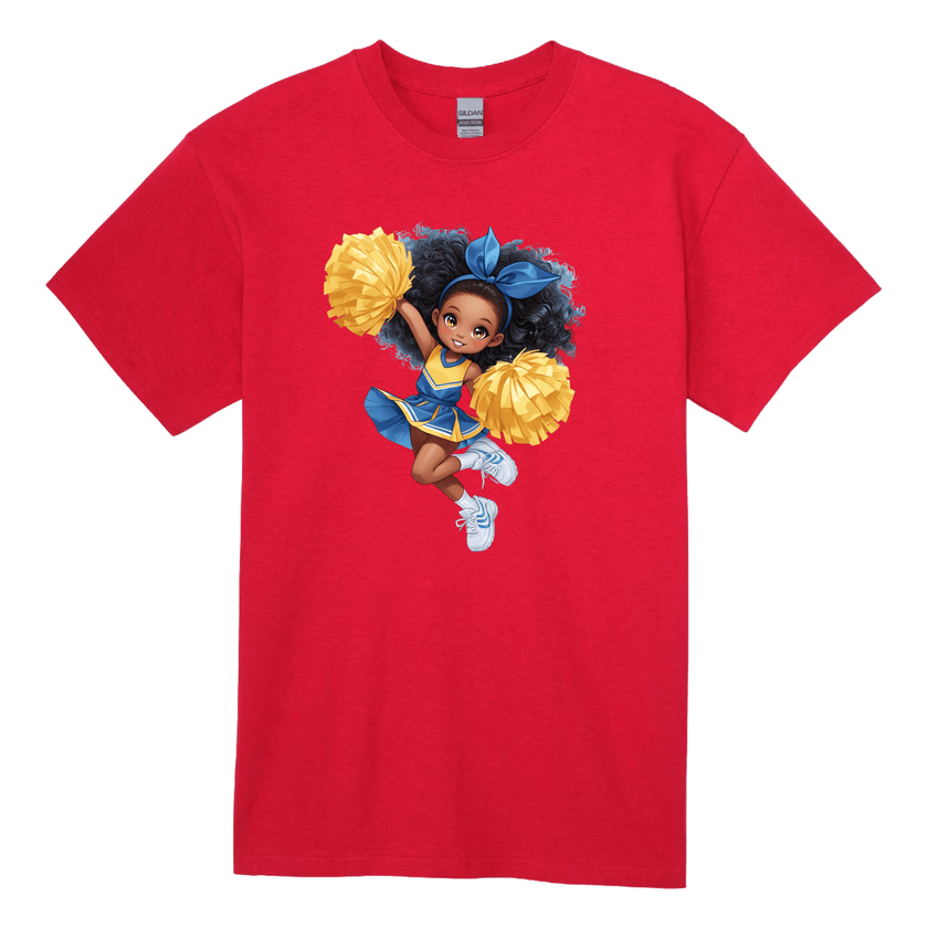 Red youth graphic t-shirt featuring playful cheerleader character and yellow pom poms.