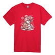 Red kids t-shirt featuring a cute pink snowman with gingerbread cookie and winter flowers.