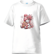 White children’s t-shirt with pink snowman illustration and festive winter decorations.