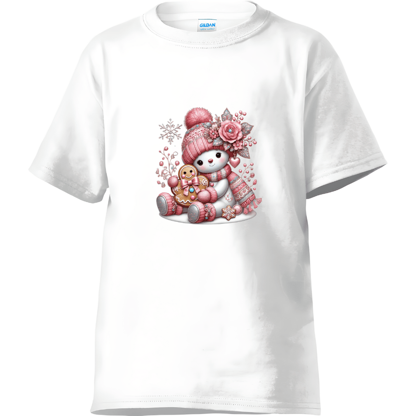 White children’s t-shirt with pink snowman illustration and festive winter decorations.