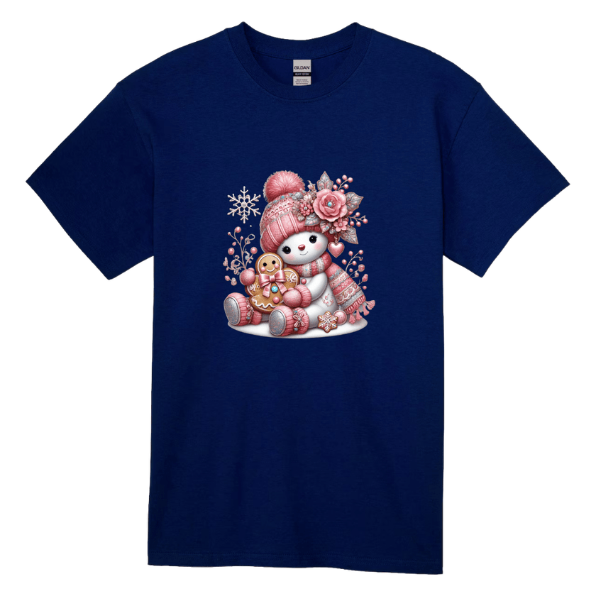 Navy blue girls holiday t-shirt with adorable pink snowman winter design.