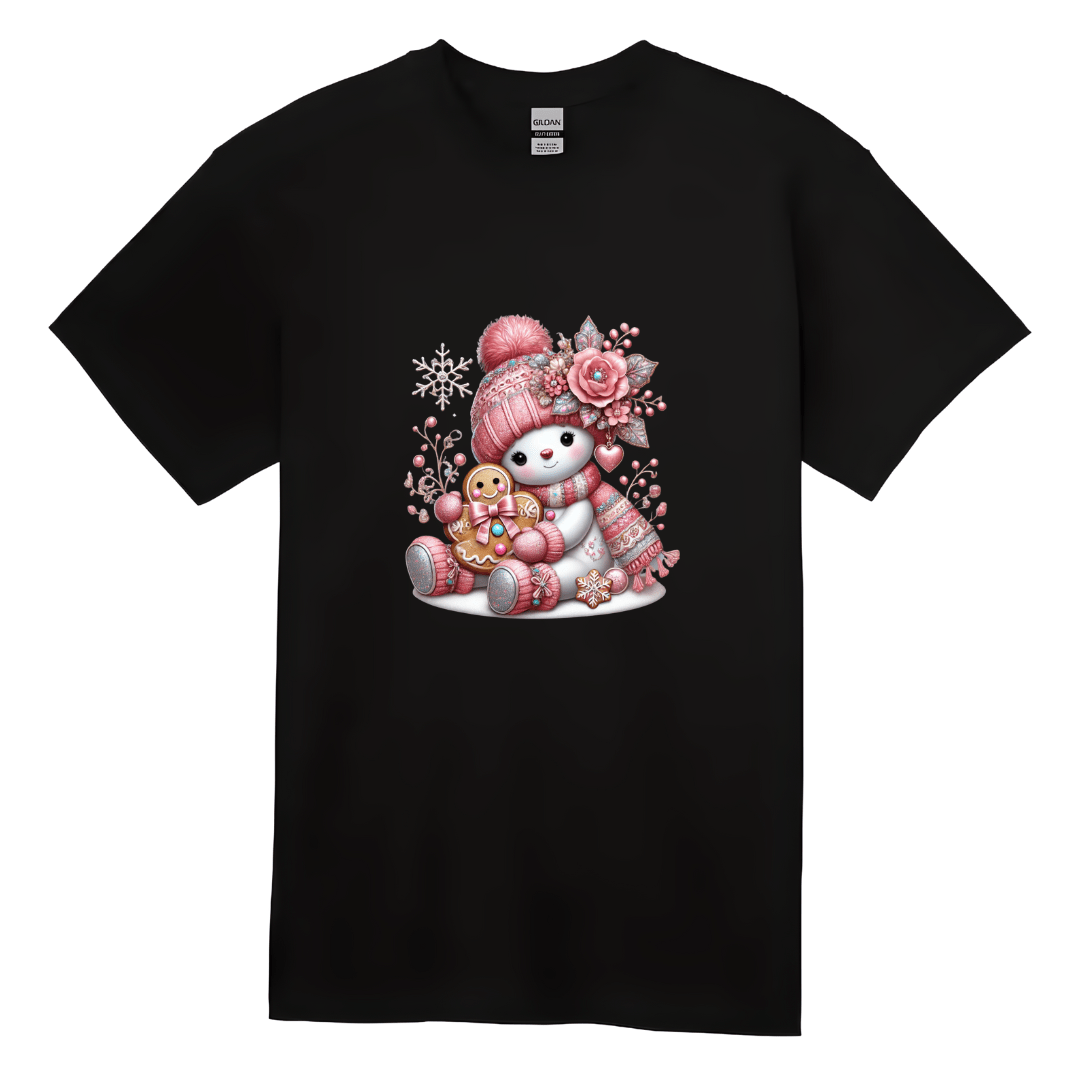 Black kids Christmas tee showing cute snowman with pink hat, scarf, and gingerbread cookie.