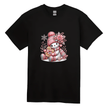 Black kids Christmas tee showing cute snowman with pink hat, scarf, and gingerbread cookie.