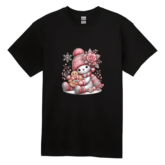 Black kids Christmas tee showing cute snowman with pink hat, scarf, and gingerbread cookie.